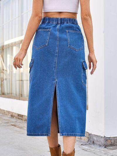 Slit Midi Denim Skirt with Pockets for Stylish Comfort-1