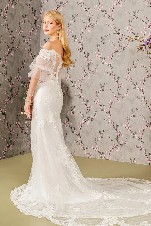 Floral embroidery bead sheer sleeves mesh mermaid wedding gown GLGL3479-1
